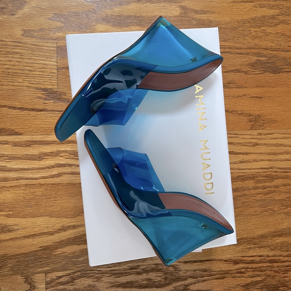Amina Muaddi Blue Lupita Glass Wedge Heeled Sandals in 38